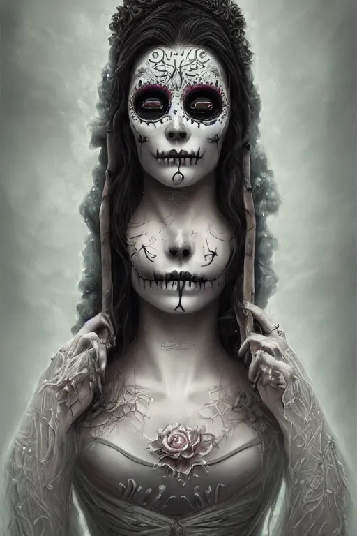 Image similar to ultra realist and ultra intricate detailed soft painting of a beautiful slim but curvy muerte girl in a long dress, thin lustrous hair, symmetry features, sensual gloomy style, soft painting, volumetric clouds, fantasy background, artstation, Tom Bagshaw artstyle, unreal render