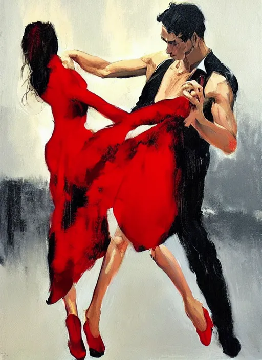 Prompt: emotional tango dancerin in red dress, painting by phil hale, fransico goya,'action lines '!!!, graphic style, visible brushstrokes, motion blur, blurry, visible paint texture, crisp hd image