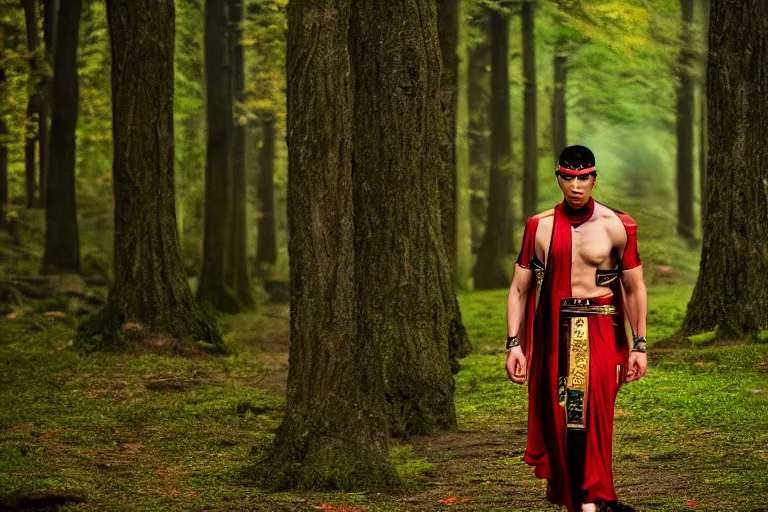 Prompt: versace avant garde male roman toga himation cloak intricate textiles streetwear cyberpunk asian american in the woods overcast late evening dramatic professional color 8 k hdr