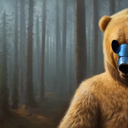 Image similar to Sad man in a bear masquerade mask, hyperrealism, no blur, 4k resolution, ultra detailed, style of Jonathan Solter, Peter Mohrbacher,Alexander Trufanov, Finnian MacManus, Ivan Shishkin