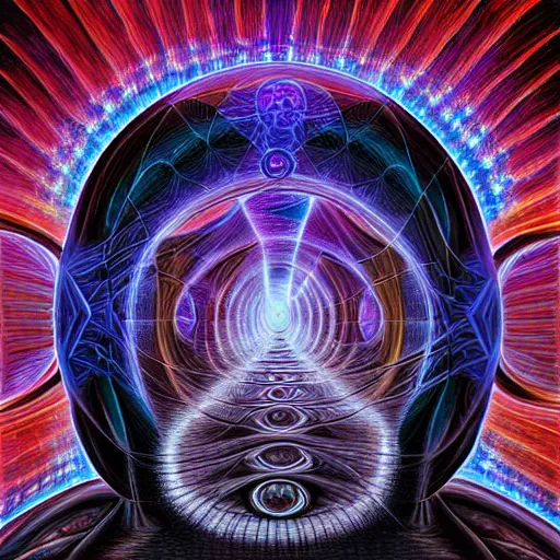 Image similar to black void surrounding visions of the future by alex grey, award - winning, digital painting, hyperdetailed, cosmic