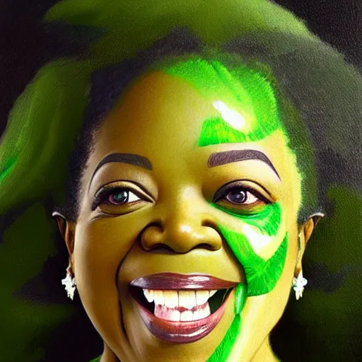 Image similar to a dish of oprah winfreys face fused with okra veg with green stalky ( ( green oprah winfrey's face ) ), oprah okra winfrey sentient veg, by greg rutkowski