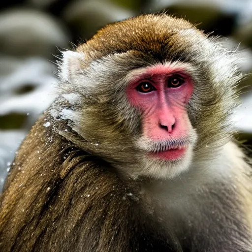 Prompt: a Japanese macaque in a snowy hot spring