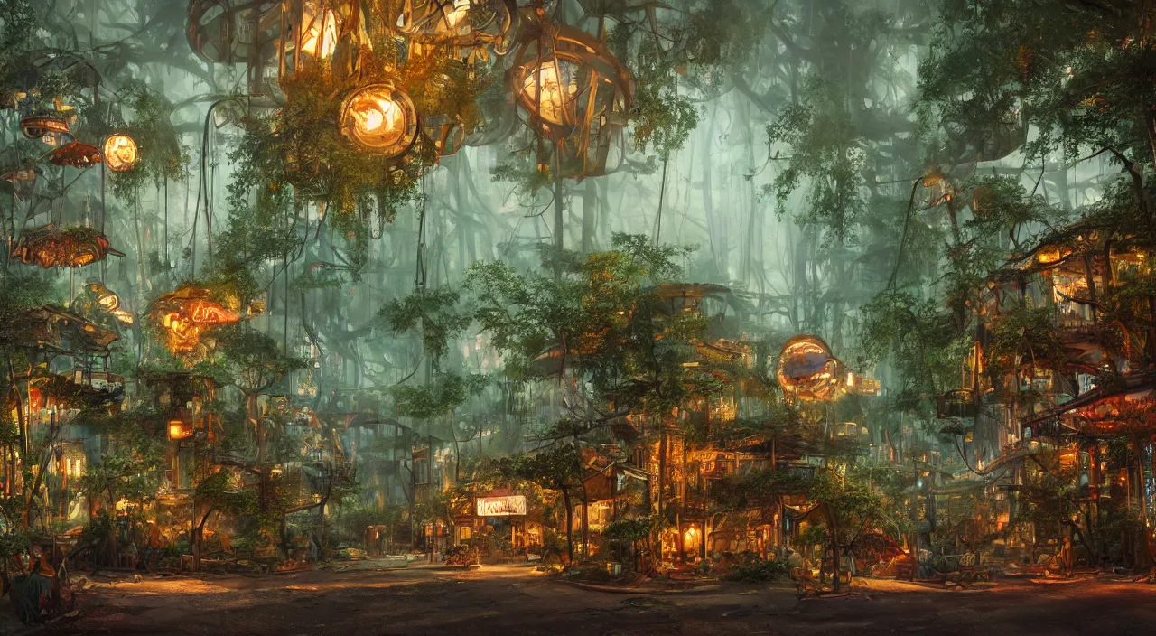 Prompt: a steampunk village in a forest in a hurricane, trees, greenery, low visibility, junk flying everywhere, neon lights, neon signs, magical atmosphere, mist, steam, photo realistic, wideangle, Matte painting, octane render, 8k, corona render, movie concept art by guido borelli da caluso octane render, trending on artstation