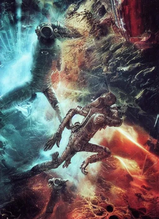 Image similar to astronauts in dark and empty void underwater - complex and hyperdetailed technical suit. reflection and dispersion materials. rays and dispersion of light. volumetric light. 5 0 mm, f / 3 2. noise film photo. flash photography. ultra realistic, wide angle. poster by wayne barlowe, hajime sorayama aaron horkey, craig mullins