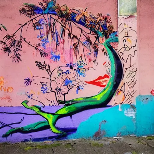 Prompt: This street art captures the beauty of the natural world. The colors are vibrant and the composition is pleasing to the eye. The street art is a wonderful example of the artist's skill in capturing the essence of his subjects. champlevé by Mary Cassatt, by Marianne von Werefkin, by Quentin Blake insane