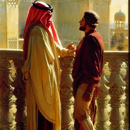 Image similar to attractive arab king confesses his love for his attractive male prince, in balcony of palace, above river. highly detailed painting by gaston bussiere, craig mullins, j. c. leyendecker