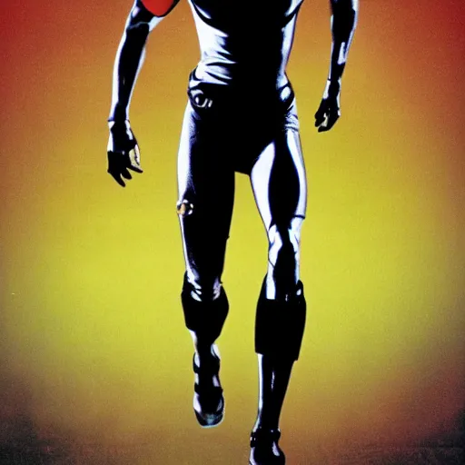 Image similar to Trinity the matrix, running as a sprinter athletic attire with cyborg legs, diesel punk, athletic footage, 1980's, olympics, cinematic, art deco