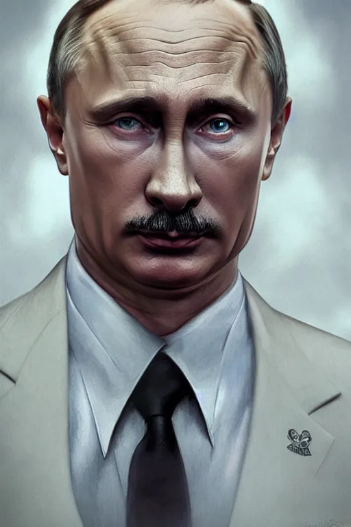 Prompt: vladimir putin playing hitler in a movie, realistic portrait, symmetrical, highly detailed, digital painting, artstation, concept art, smooth, sharp focus, illustration, cinematic lighting, art by artgerm and greg rutkowski and alphonse mucha