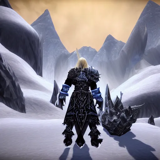 Image similar to world of warcraft arthas viewed from the back standing in front of a vast icy land and dark icy mounatins in the background, extreely detailed, wow, cinematic, unreal engine 5, artistic, movie poster, world of warcraft cinematics style, only dark contrasting colours, colours ranging of blue white and black