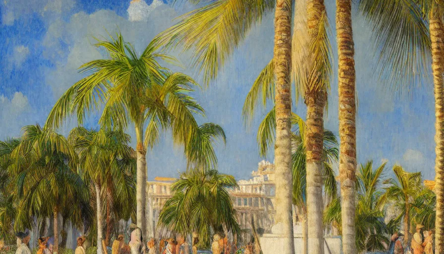 Image similar to a ultradetailed beautiful painting of the amazonas palace balustrade designed by jules bastien - lepage, tarsila do amaral, frank weston and gustave baumann, beach, trending on artstation, mediterranean, palm trees, sharp focus, colorful refracted sparkles and lines, soft light, 8 k 4 k