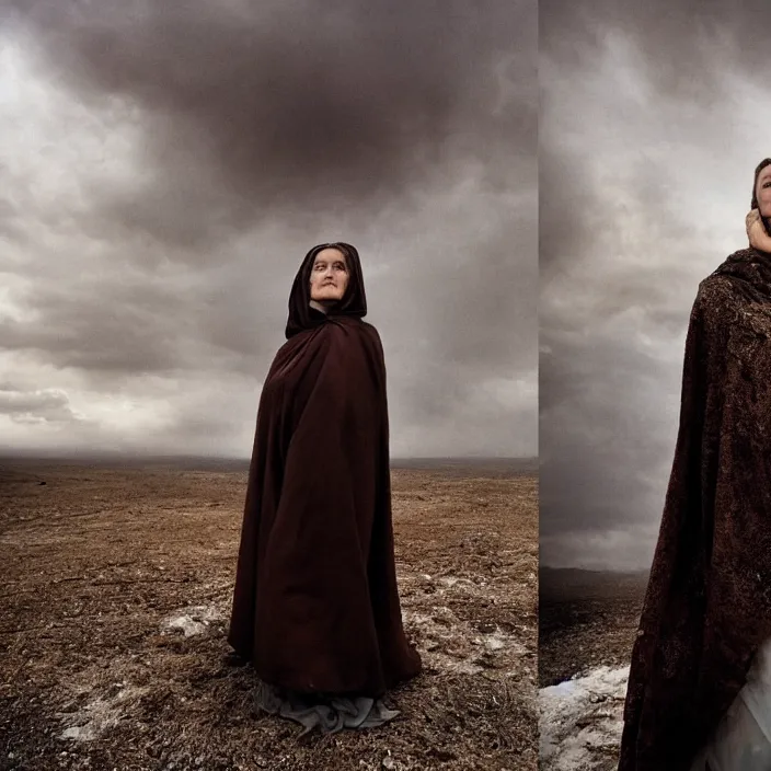 Image similar to closeup portrait of a woman wearing a cloak made of clouds, standing in a desolate abandoned house, by Annie Leibovitz and Steve McCurry, natural light, detailed face, CANON Eos C300, ƒ1.8, 35mm, 8K, medium-format print