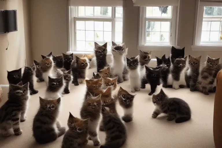 Image similar to a living room full of cute kittens that are all facing the camera