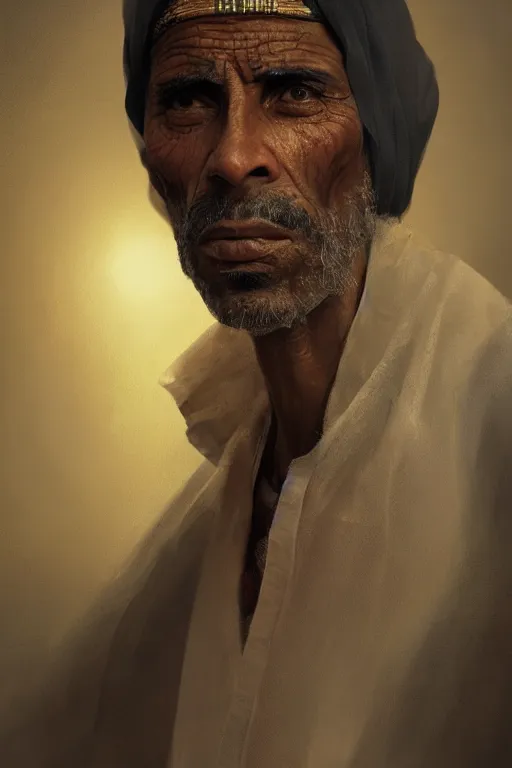 Image similar to egyptian citizen, portrait, poor, intricate, elegant, volumetric lighting, digital painting, highly detailed, artstation, sharp focus, illustration, ruan jia, steve mccurry