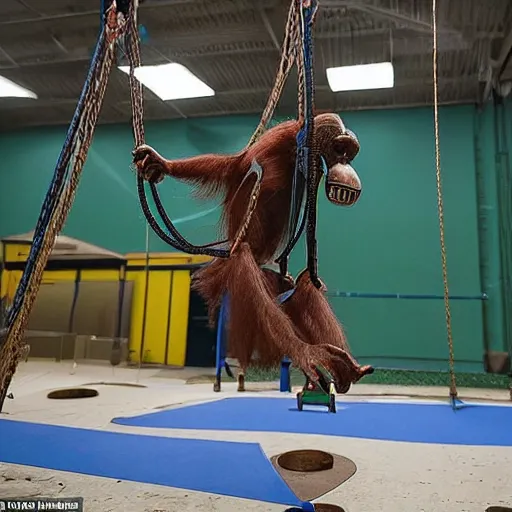 Image similar to publicity photo released by boston dynamics of its prototype robotic orangutan leaping or swinging or climbing in an obstacle - course while engineers are taking notes.