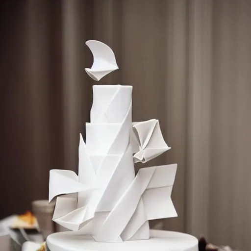 Image similar to minimalist wedding origami concept cake photorealistic in kitchen by amaury guichon