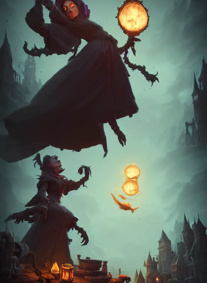 Image similar to terrible mad witch, the ghost of an old woman, cinematic view, by dom qwek, fish eye view, trending on polycount, artstation, 3 d hammer modeling, hd, vray, 8 k, sharp high quality artwork in style of greg rutkowski, concept art, blizzard warcraft artwork, hearthstone card artwork