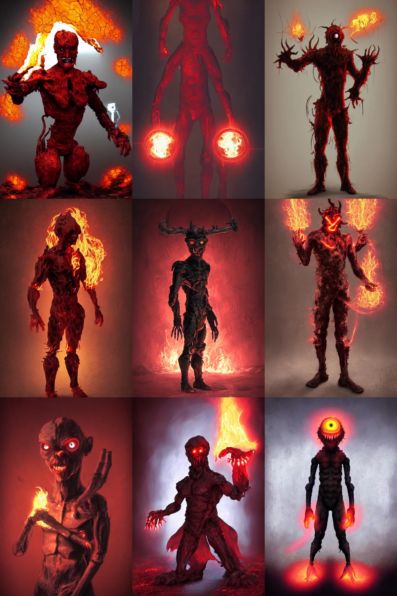 Prompt: character portrait of a humanoid demonic monster with glowing fire eyes and a glowing mouth doing a henshin pose, matte painting, dramatic lighting, 8 k, rubber suit, digital painting, concept art, muted colors, red colors, moody colors, rusted walls, broken pipes, church cathedral, in the style of frank frazetta and john singer sargent