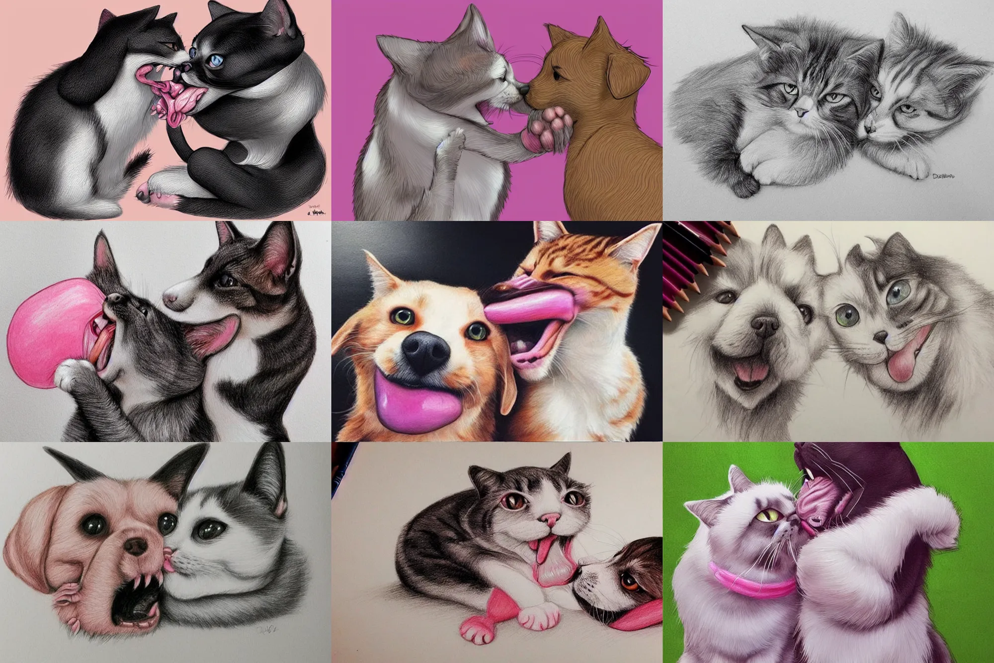 Prompt: cat and dog licking each other, cute drawing, concept art, trending on Artstation, long tongue, (pink colors), trending on Twitter, trending on Instagram, realistic, very beautiful fur, perfect animal