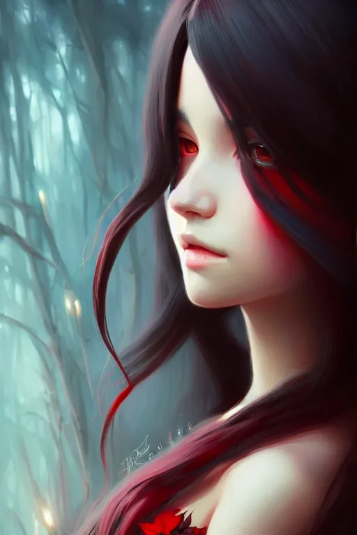 Image similar to a beautiful girl with long black hair and red eyes, fantasy, sharp focus, intricate, elegant, digital painting, artstation, matte, highly detailed, ambient lighting, portrait by Studio Ghibli, Rossdraws, artgerm, Ilya Kuvshinov, and Greg Rutkowski