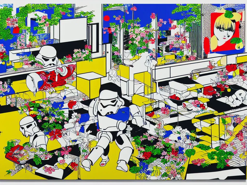 Prompt: hyperrealistic composition of the japanese home with a garden, stormtrooper in hot springs, pop - art style, jacky tsai style, andy warhol style, roy lichtenstein style, rich palette, acrylic on canvas