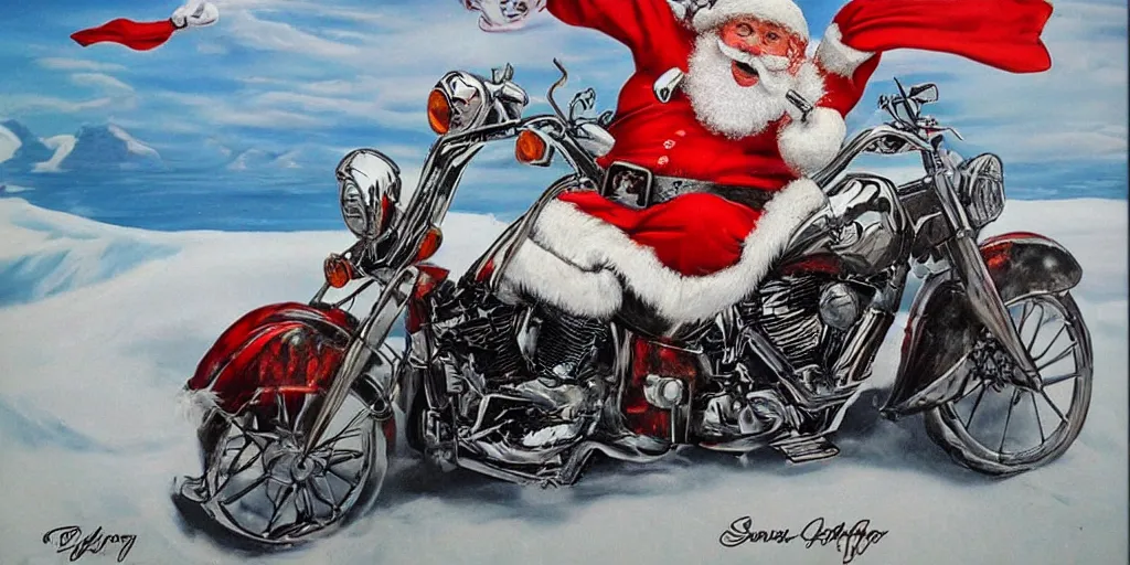 Image similar to santa riding a harley at the north pole, airbrush art