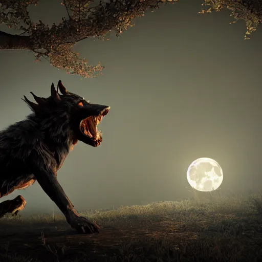 Image similar to full body of a werewolf howling, moonlit, dark, glowing background lighting, hyper detailed, horror fairy tale, 4 k octane render