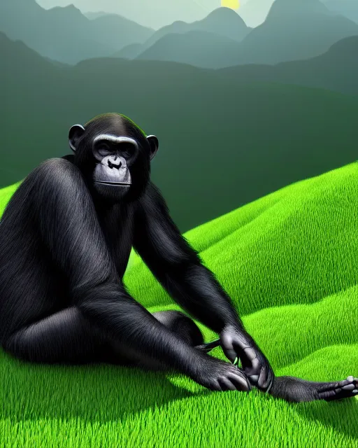 Image similar to very detailed high resolution illustration of a chimpanzee, rolling green hills, 3 d, 8 k, extremely detailed, artstation, award winning