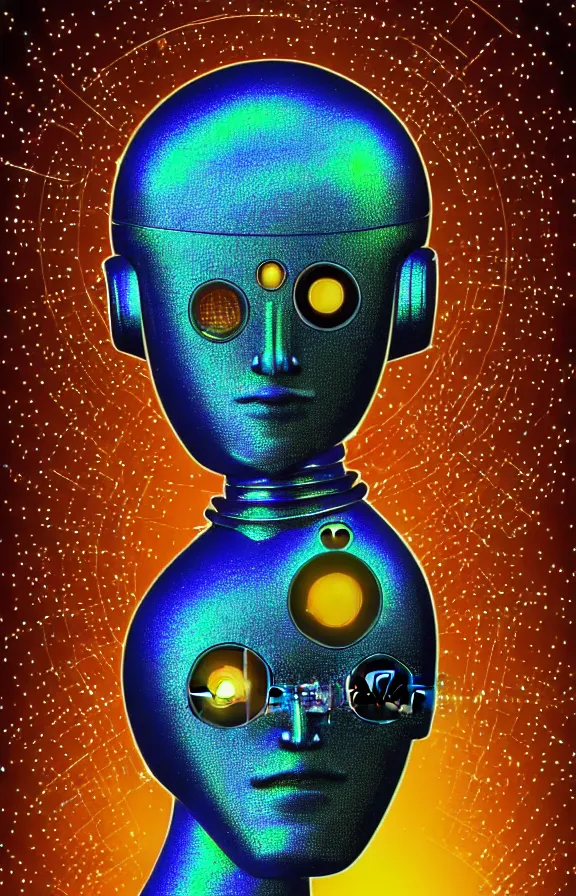 Image similar to portrait of a robot humanoid alien with golden armature, circuit face and medieval helmet. Galactic iridescent background in the style of Tim white and moebius