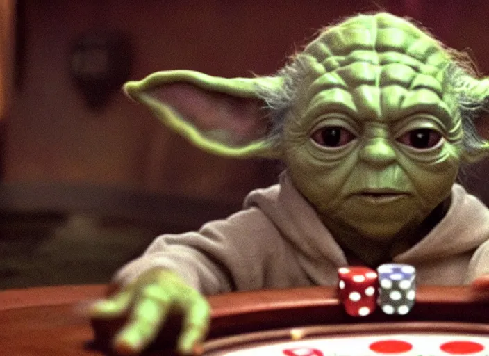 Prompt: film still of yoda gambling in Vegas in the new Star Wars movie, 4k