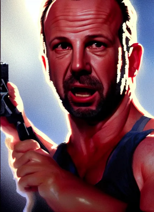 Image similar to A film still of Britney Spears as John Mcclane in die hard, highly detailed, digital painting, artstation, concept art, sharp focus, illustration, cinematic lighting, art by artgerm and greg rutkowski and alphonse mucha diffuse lighting, fantasy, intricate, elegant, highly detailed, lifelike, photorealistic, digital painting, artstation, illustration, concept art, smooth, sharp focus, art by John Collier and Albert Aublet and Krenz Cushart and Artem Demura and Alphonse Mucha