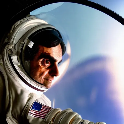 Prompt: extremely detailed photo of carl sagan looking through visor of spacesuit, very detailed face