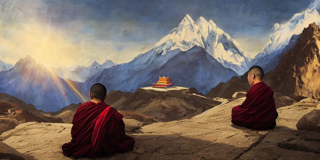 Image similar to oil matte portrait of tibetan monk sitting at a mountain peak praying, with tibetan prayer flags going up the summit, cinematic lighting, deep focus, sharp focus, golden ratio, dramatic illumination, hdr, ultra realistic, 8 k, highly detailed, trending on artstation, epic composition, by caravaggio, by artemisia lomi gentileschi