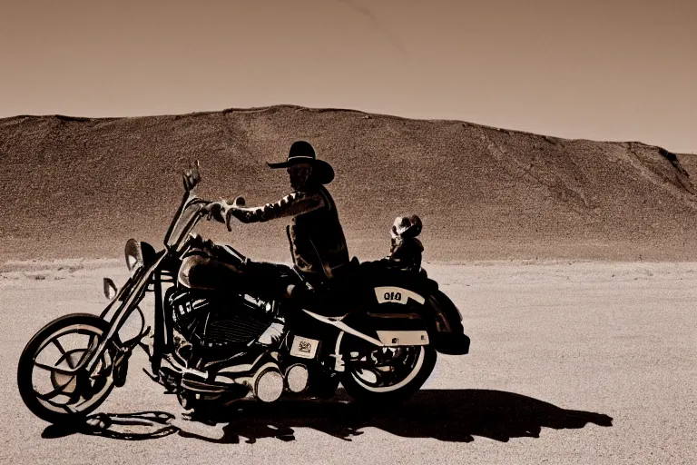 Prompt: smoking skeleton cowboy riding a harley davidson in a desert road, medium shot, low angle view, perspective, old anime style, soft colors