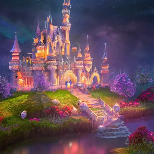 Image similar to a single glittering fairy castle at night, a full moon, water and colourful flowers, extremely detailed oil painting, unreal 5 render, fantasy digital art, octane render, beautiful composition, trending on artstation, award-winning photograph, masterpiece