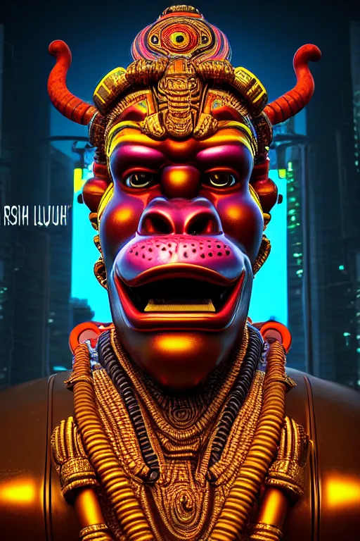 Image similar to high quality 3 d render post - rococo cyberpunk hanuman! head building, neon madhubani, open mouth, highly detailed, in sci - fi shri ram centre, cinematic smooth unreal engine, lee madgwick & liam wong, dramatic light, low angle, uhd 8 k, sharp focus