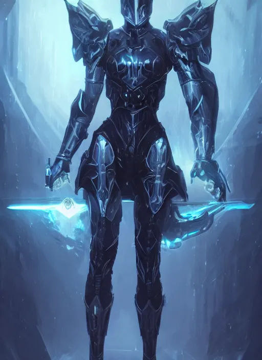 Image similar to dark seraphim knight in light armor wielding a magical lance, full body silhouette. dark water, cyberpunk pearl armor, futuristic fantasy, highly detailed, digital painting, trending on artstation, concept art, sharp focus, illustration, art by artgerm and nixeu and greg rutkowski and magali villeneuve.