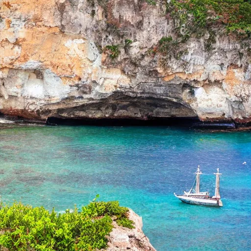 Prompt: photo of a spanish galleon in front of a jamaican shoreline cliff with a cave