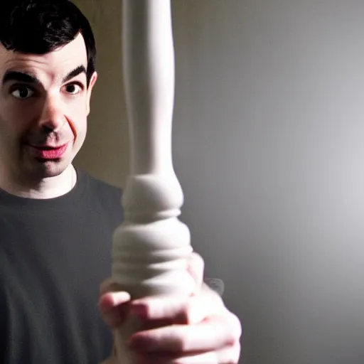 Image similar to nathan fielder looking surprised while ghost hunting in a spooky mansion, foggy eerie lighting