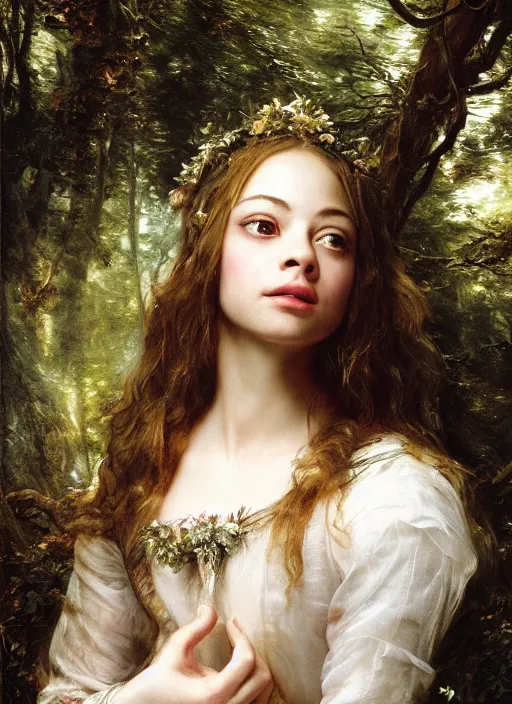 Prompt: Beautiful fairy teenager, Looks like Kristin Kreuk, In the woods, Dramatic, Edge, Good, Infused, Backlight, De-Noise, VFX, insanely detailed and intricate, hypermaximalist, elegant, ornate, hyper realistic, super detailed, by Anthony Van Dyck, by Ivan Shishkin, by John Constable