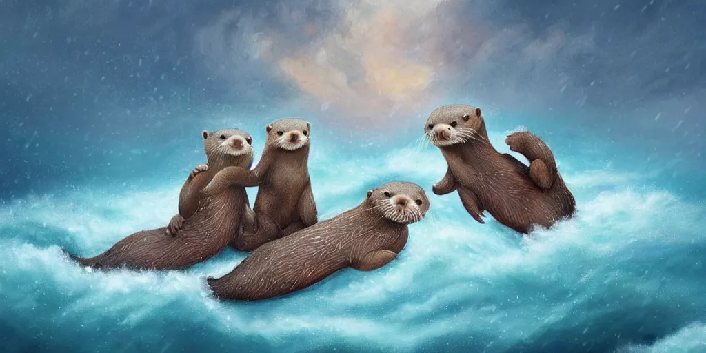 Image similar to A pair of adorable otters falling in love holding hands side by side, all alone in the middle of a huge storm at sea, fantasy illustration, cinematic, dreamlike, Award winning, romance, detailed trending on art station masterpiece