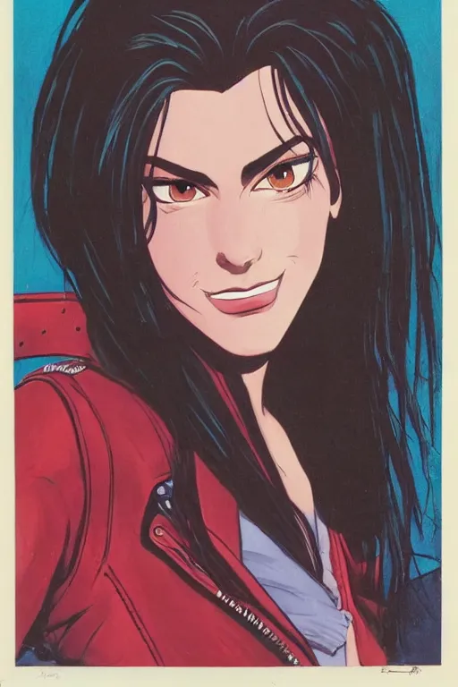 Image similar to portrait of an attractive young female protagonist, center focus, wearing leather jacket, in city street, detailed face, artwork by ralph bakshi