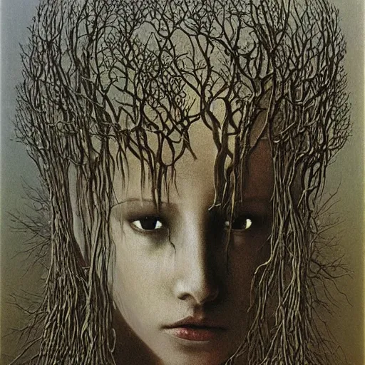 Prompt: priestess wearing a crown of twisted branches by beksinski