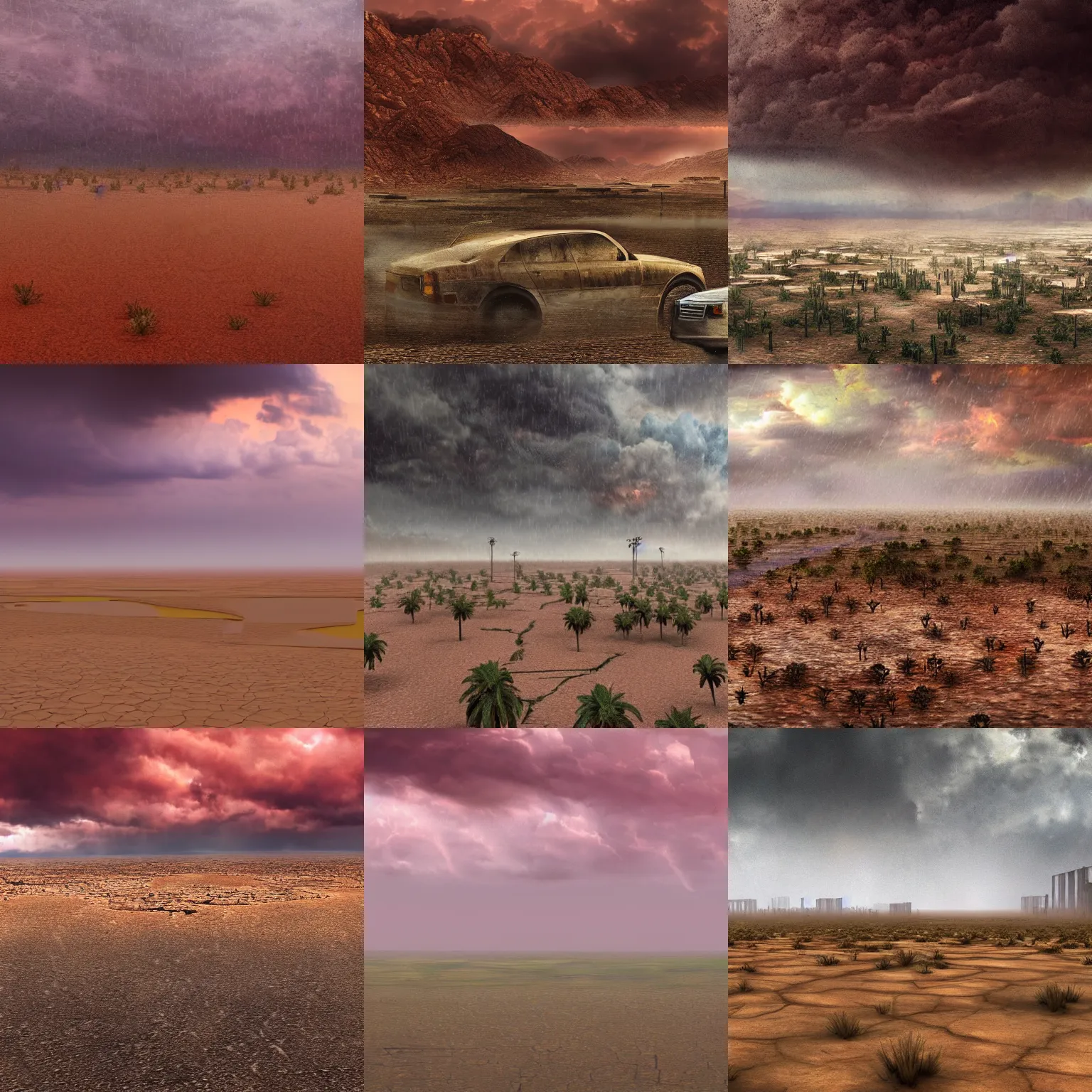 Prompt: Massive rain in heatwave over post-apocalyptic desert, saturated colors, hyper detailed photorealistic