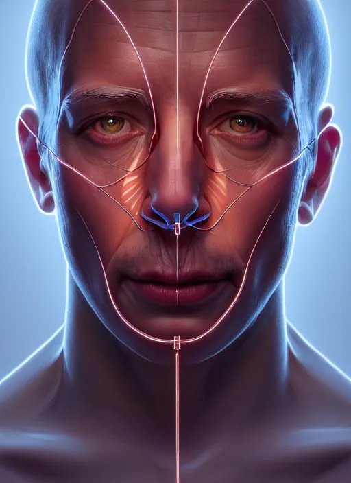 Image similar to portrait of a human diagram, human muscle medical diagram with good cable management, intricate, elegant, glowing lights, highly detailed, digital painting, artstation, concept art, smooth, sharp focus, illustration, art by wlop, mars ravelo and greg rutkowski