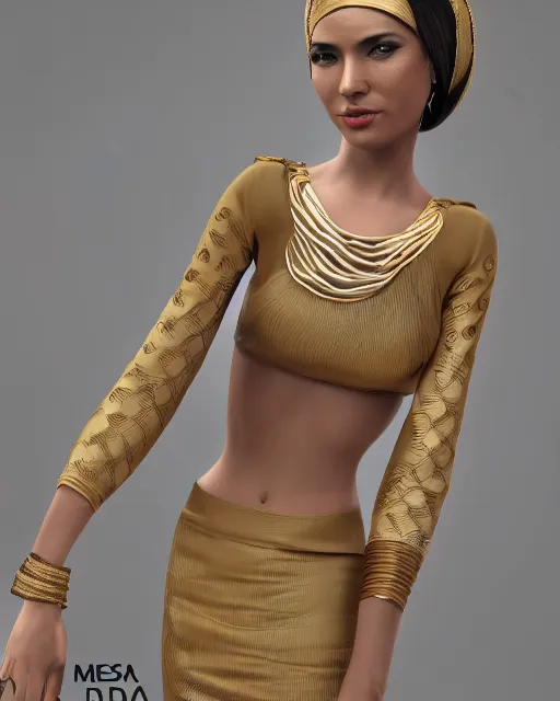 Prompt: mekhela sador with gamosa style design, Assamese aesthetic, modern stylish glamour body hugging fashion design by donna karan, cosplay, 8K ultra hd, marvelous designer 3d rendered, daz3d genesis iray girl model pose