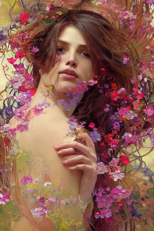 Prompt: a beautifull intricate painting of a disembodied soul surrounded by flowing flower petals, leaves and spiderweb, vivid colors, artstation, by jeremy mann, by alphonse mucha,