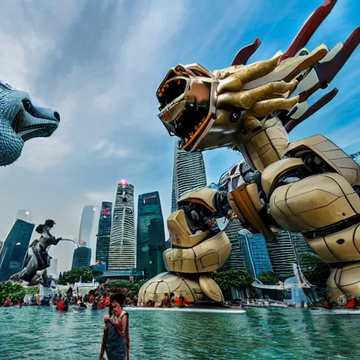 Image similar to large group of people and robots attacking merlion sculpture in Singapore, photorealistic, ultra-detailed, high resolution, HDR shot, cinematic lighting