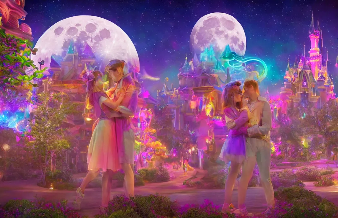 Image similar to boyfriend and girlfriend on a first date in the astral disneyland realm, holding each other, in the background is the astral disneyland resort, with a colorful universe behind it, the moon of disney spirits shines overhead, festive atmosphere, epic fantasy, ultra hd render, + 4 k uhd + very crisp and clear image, romantic