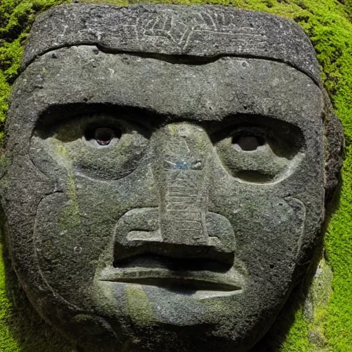 Prompt: intimidating olmec head carved into a mossy stone wall with ornate incan patterns